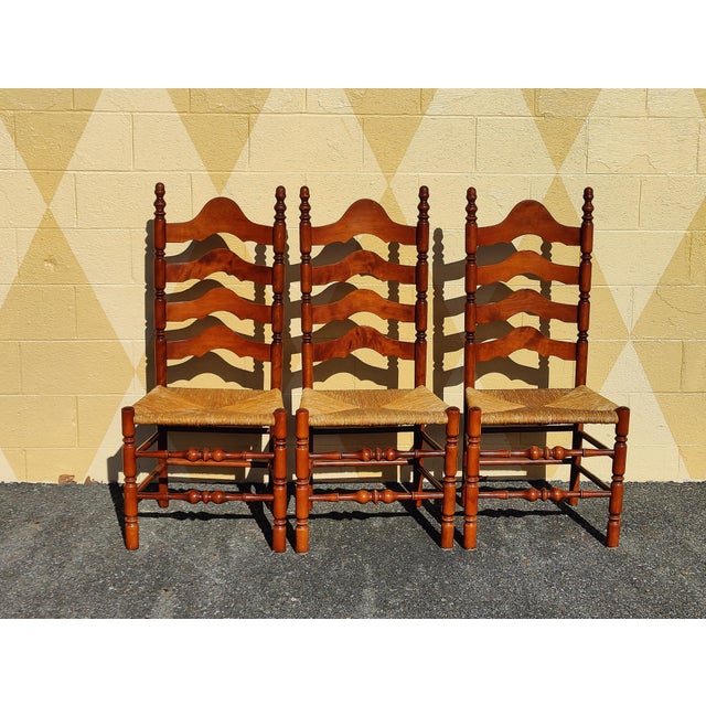 Mid 20th Century Ethan Allen Heirloom Nutmeg Maple Colonial Early American Ladder Back Dining Side Chairs Set of 3 For Sale - Image 10 of 10
