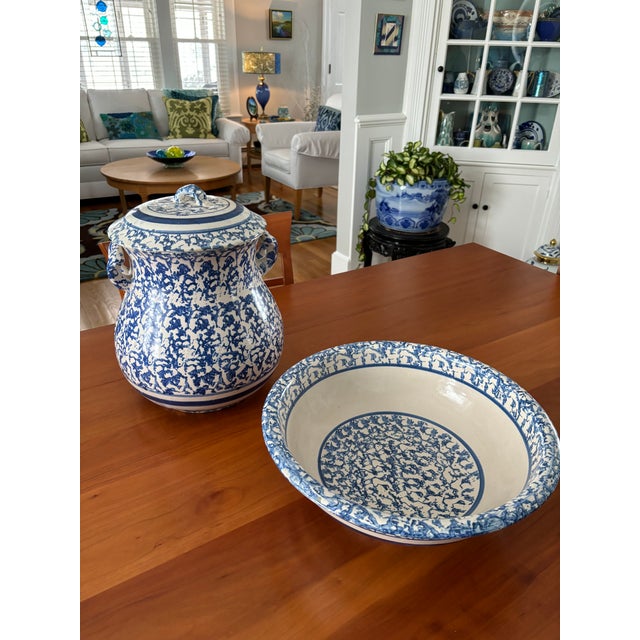 Blue Antique Spongeware Very Large Blue & White Covered Vessel/Crock and Bowl For Sale - Image 8 of 10