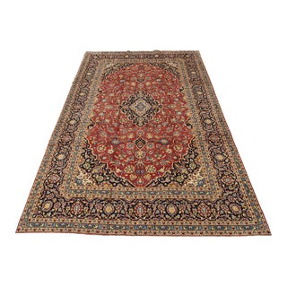 Kashan Rug 8'3'' X 11'11'' Red Wool Vintage Traditional Hand-Knotted Carpet For Sale