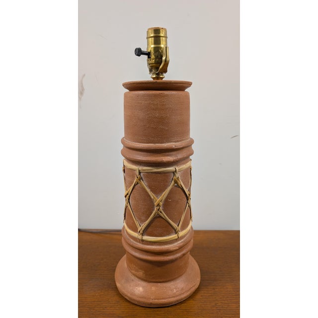 1960s Vintage Pottery Table Lamp With Woven Rattan Rope For Sale - Image 5 of 7