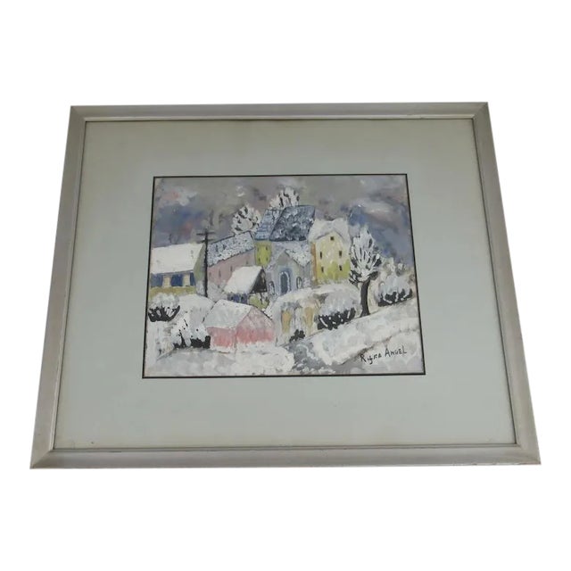 Early 20th Century Winter Scene Gouache Painting by Rifka Angel, Framed For Sale