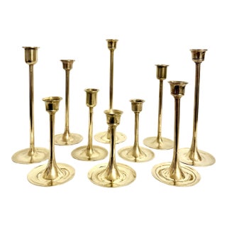 Vintage Curated Collection of Polished Brass Tulip Candlestick Holders - Set of 10 For Sale