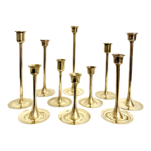 Vintage Curated Collection of Polished Brass Tulip Candlestick Holders - Set of 10