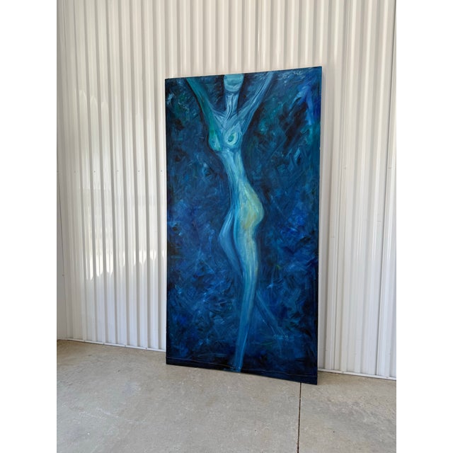 Incredible blue and green Figural female nude oil painting on an oversized stretched canvas by Michelle Merritt from 2004....