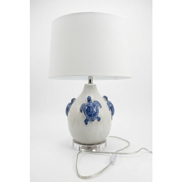 Vintage Italian Ceramic Sea Turtle Table Lamp in Blue & White For Sale - Image 4 of 9