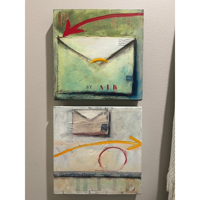 Blue 2001 Tjasa Owen's "Letter in White" 12x12 White and Blue Canvas Painting For Sale - Image 8 of 8