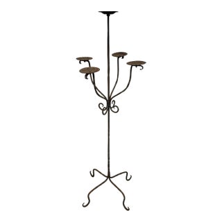 Rustic Wrought Iron Floor Candelabra, Five-Light Hand-Forged Candle Stand, Mid-20th Century For Sale