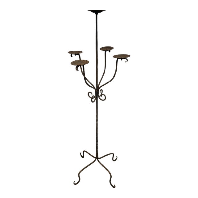 Rustic Wrought Iron Floor Candelabra, Five-Light Hand-Forged Candle Stand, Mid-20th Century For Sale