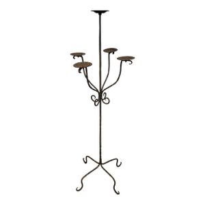 Rustic Wrought Iron Floor Candelabra, Five-Light Hand-Forged Candle Stand, Mid-20th Century