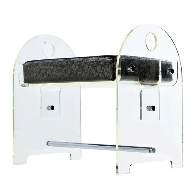 Charles Hollis Jones Vintage 1970s Clear Acrylic Lucite Vanity Stool New Upholstered Seat For Sale - Image 4 of 8