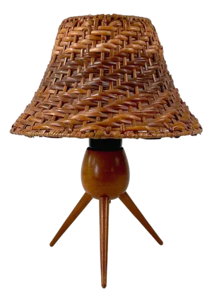 Rattan Wicker and Birch Tripod Table Lamp, Austria, 1950s