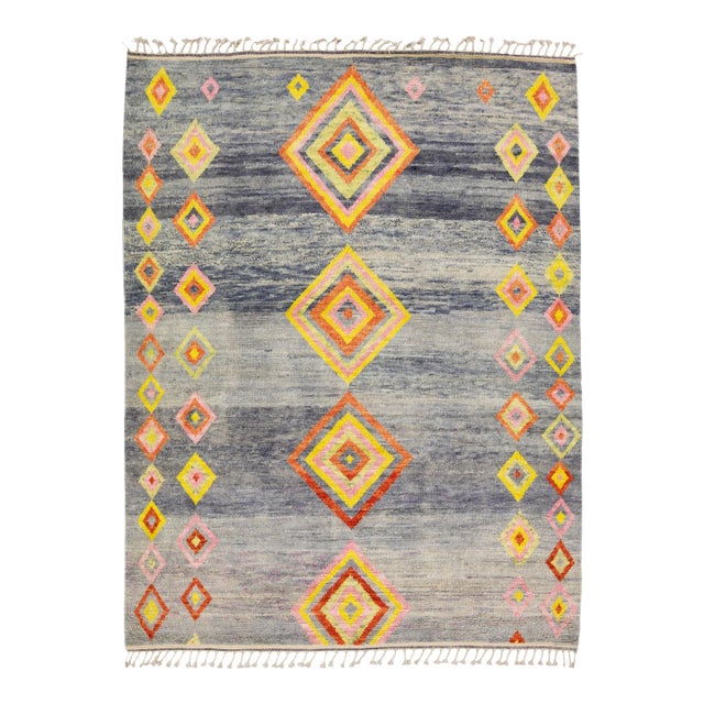 Gray Contemporary Moroccan Style Handmade Designed Wool Rug For Sale