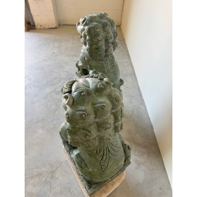 Pair of Large Vintage Chinese Green Soapstone Foo Dog Guardian Sculptures For Sale - Image 12 of 12