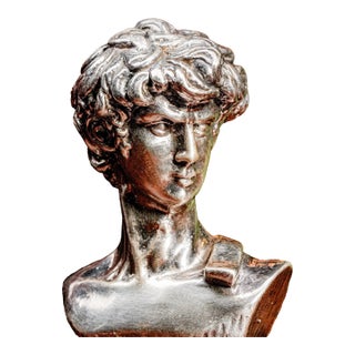 High Relief Vintage Silver Metal Miniature Michelangelo David Art Bust Statue Sculpture Italy Home Decor For Sale