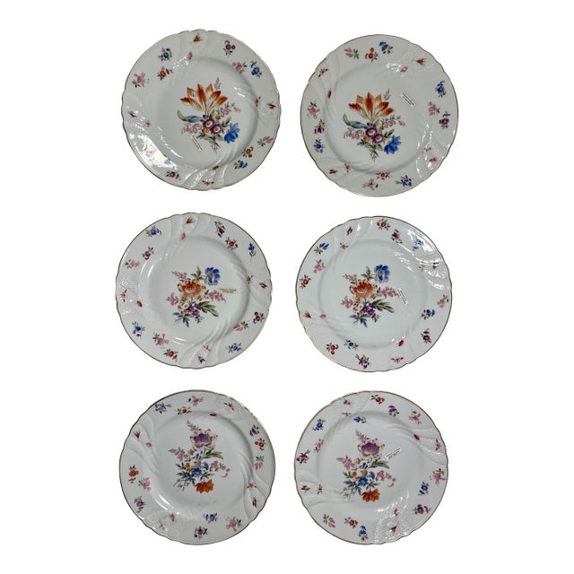 Antique Weimar Porzellan Hand Painted Floral Plates German Porcelain - Set of 6 For Sale