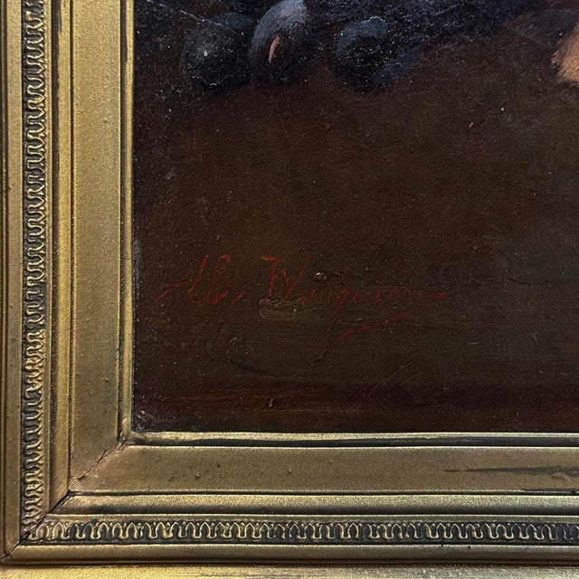 19th Century Framed Oil on Canvas by A. Wauquier in the Original Gilded Frame ~ 'Still Life With Grapes' For Sale - Image 14 of 15