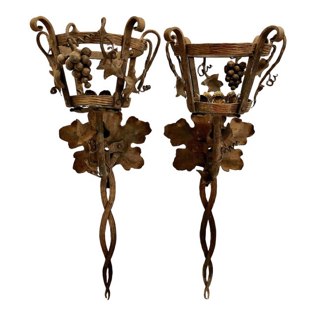 Pair of Italian Grape Cluster Wrought Iron Candle Sconces For Sale