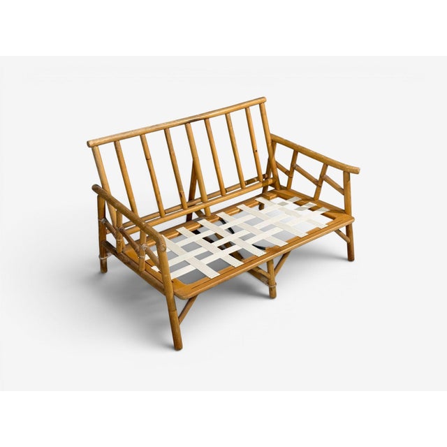 1950s Ficks Reed, Two Seater Sofa, Bamboo, Cane, White Fabric, Usa, 1950s For Sale - Image 5 of 15
