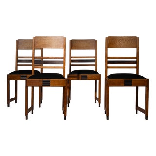Vintage Amsterdam School Dining Chairs in Oak with Coromandel Details, 1920s, Set of 4 For Sale