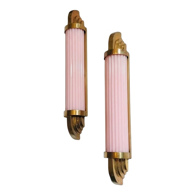 Vintage Art Deco Light Old Lamp Wall Sconces Fixture Brass & Pink Glass Rod Ship Light - Pair For Sale