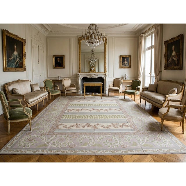 Gray 9x12 Vintage Aubusson Flat Weave Wool Rug, Lilac Grey Fern Stripe For Sale - Image 8 of 10