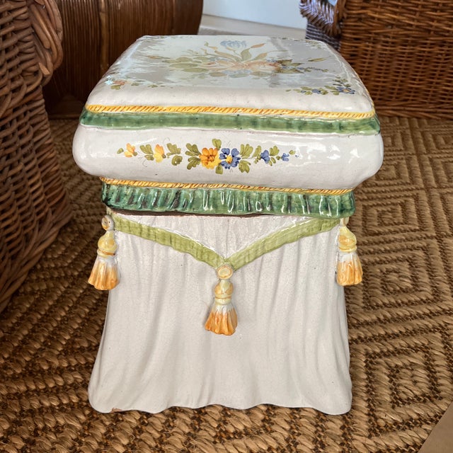 1970s Handpainted Italian Terracotta Side Table Garden Stool Featuring Tassels and Flowers