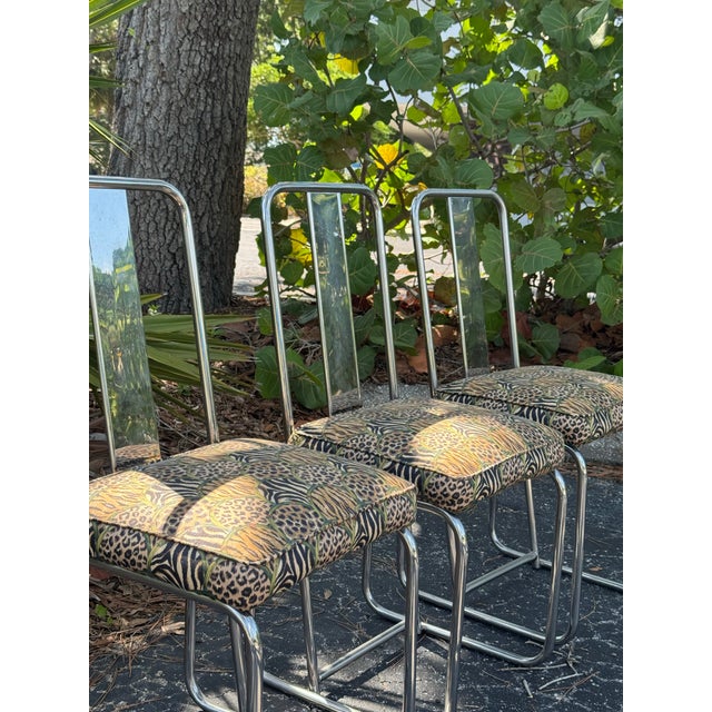 1960s Set of 3 François Arnal for Atelier a Chrome Side Chairs With Custom Animal Print Upholstery For Sale - Image 11 of 12
