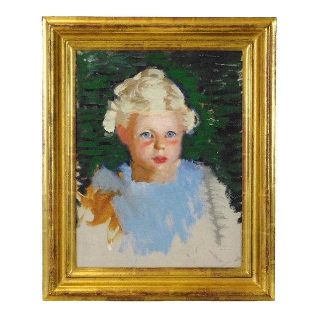 Charles Sydney Hopkinson (American 1869 - 1962) Oil Painting on Canvas - Portrait of a Young Girl in Giltwood Frame For Sale