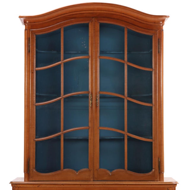 Two-Part French Provincial Cherry Cabinet Having Painted Blue Display Hutch, 19th C. For Sale In Philadelphia - Image 6 of 8