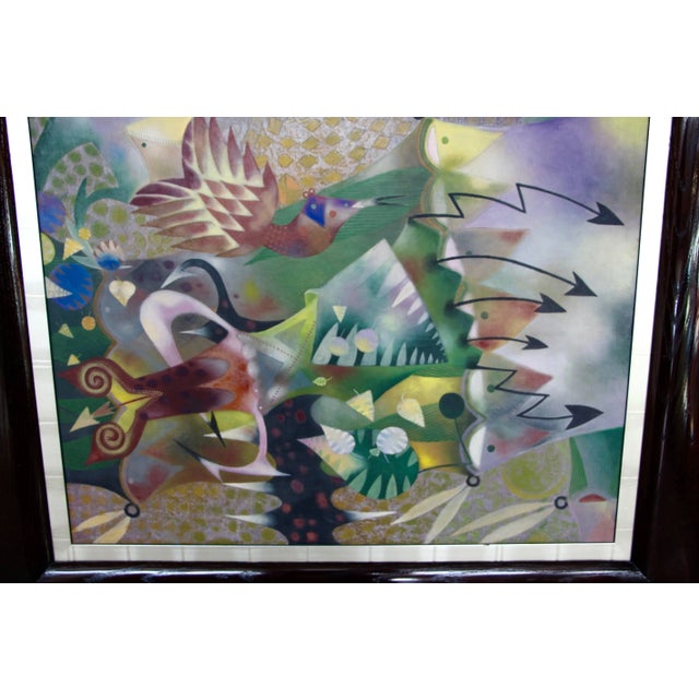 A spectacular frame house this whimsical work by the Mexican artist Leonel Maciel. The painting is not signed but...