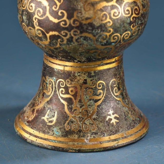 Metal Bronze Gu Vase With Gold Inlay, Archaic Scroll & Script Motif, Chinoiserie Bronze Ritual Style Vessel For Sale - Image 7 of 10