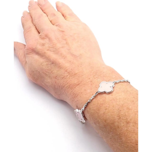 Late 20th Century Van Cleef & Arpels Pink Opal Vintage Alhambra Five Motif White Gold Bracelet For Sale - Image 14 of 14