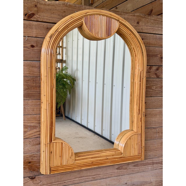 Mid 20th Century Vintage Coastal Boho Refinished Pencil Reed Rattan Sculptural Arch Wall Mirror For Sale - Image 5 of 12