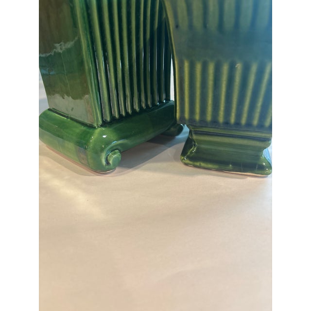 Pair of Vintage Green Ribbed Ceramic Cachepots With Pedestal Bases, Art Deco Style For Sale - Image 11 of 12