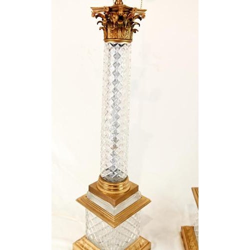 Metal French Gilt and Cut Glass Corinthian Column Table Lamps, Set of 2 For Sale - Image 7 of 10