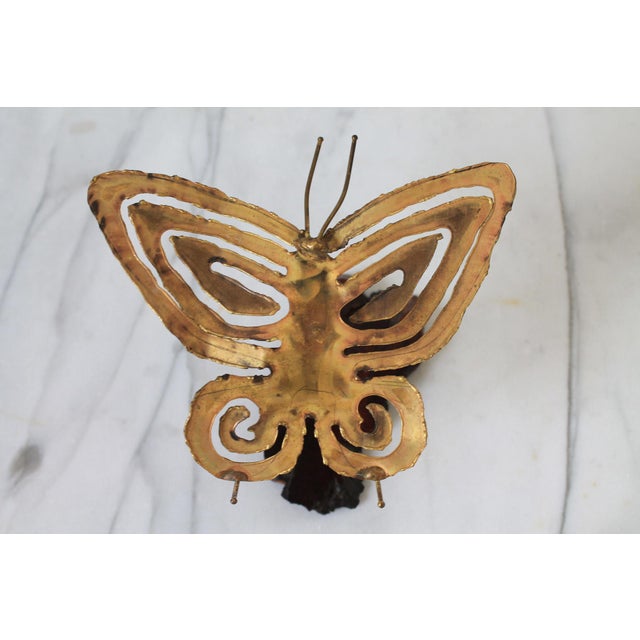 Mid-Century Modern MId-Century Brutalist Brass Butterfly on Wood Stand For Sale - Image 3 of 9
