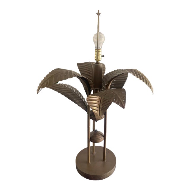 Late 20th Century Large Tole Gold Gilt Sculptural Palm Tree Leaf Table Lamp For Sale