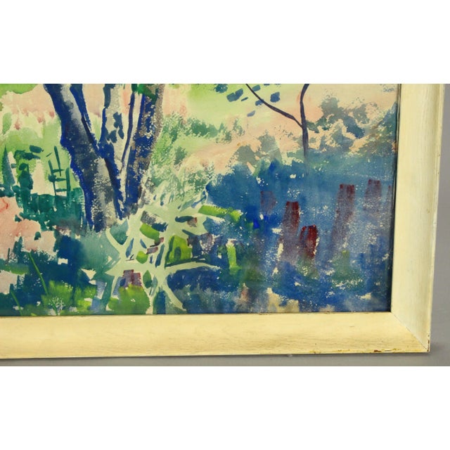 Vintage Marjorie Very American Watercolor Pointillist Painting of a Wooded New England Landscape For Sale - Image 4 of 7