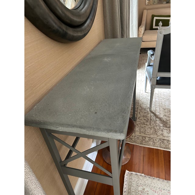Grey Console Table With Geometric Latticework and Marble Top For Sale - Image 10 of 11
