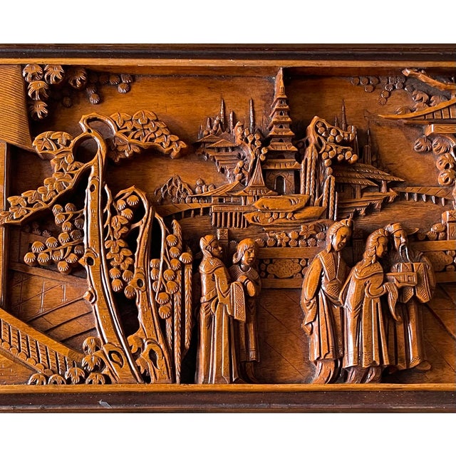 Mid 20th Century Monumental Hand-Carved Asian Narrative Coffee Table With Pagodas, Figures & Original Glass Top For Sale - Image 10 of 11