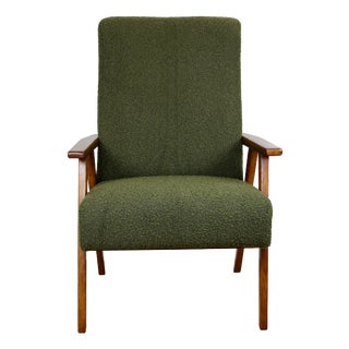 Vintage Lounge Chair in Green Olive Boucle, 1970s For Sale