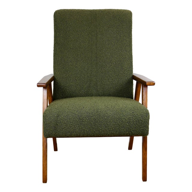 Vintage Lounge Chair in Green Olive Boucle, 1970s For Sale