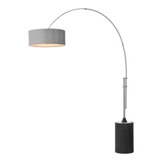 Tambo 92"h 1-Light Arc Lamp, Cashmere Gray Linen Shade, Black Oak Base, Satin Nickel, Dimmable, for Living Room or Bedroom For Sale