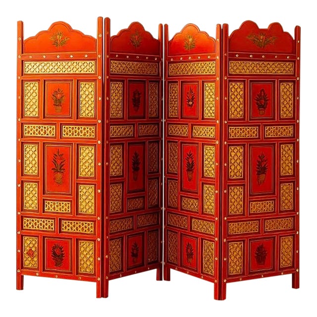 Vintage Hand-Painted 4-Panel Screen Divider With Red & Gold Floral Design. Solid Hardwood For Sale