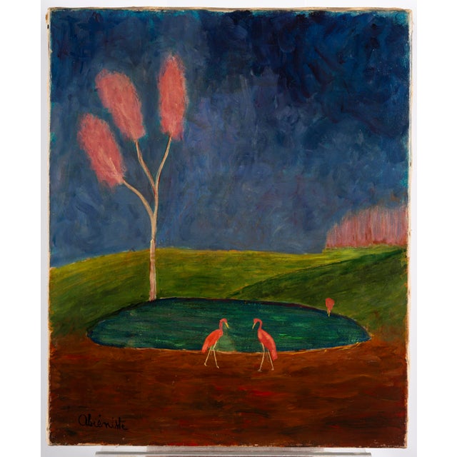 Jean-Jacques Abiéniste, Flamingos by a Pond under a Pink Tree, Oil on Canvas For Sale - Image 7 of 13