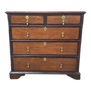 Late 19th Century Georgian 5 Drawer Oak Chest With Dark Cherry Banding With Brass Drop Pulls and Ecustions For Sale