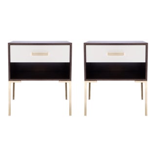 Astor Tall Brass Nightstands in Ebony Walnut and Ivory Lacquer by Montage, Pair For Sale