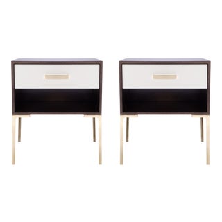 Astor Tall Brass Nightstands in Ebony Walnut and Ivory Lacquer by Montage, Pair For Sale