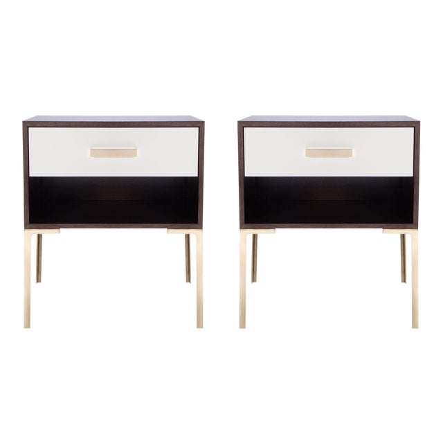 Astor Tall Brass Nightstands in Ebony Walnut and Ivory Lacquer by Montage, Pair For Sale