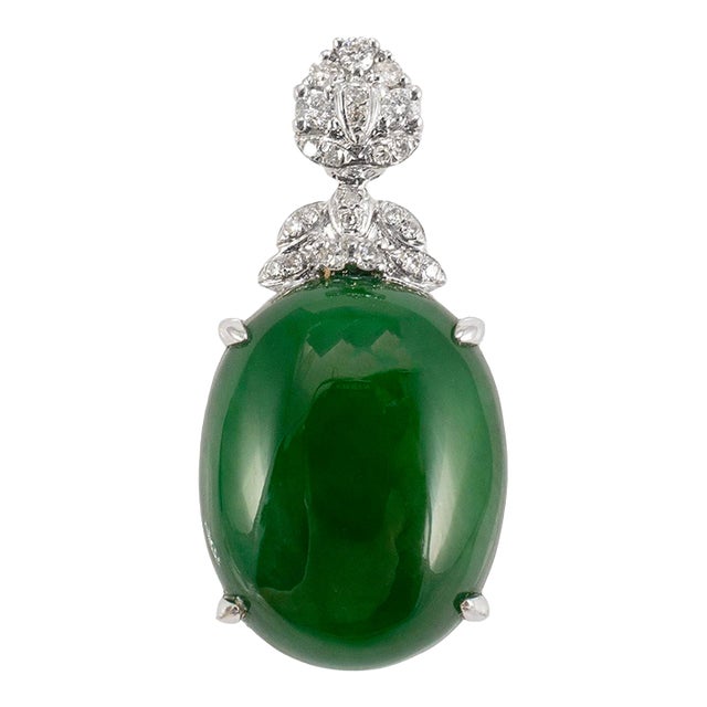 18k White Gold 6.50ct Egg Green Myanmar Jadeite Jade Diamond Charm Pendant For Sale
